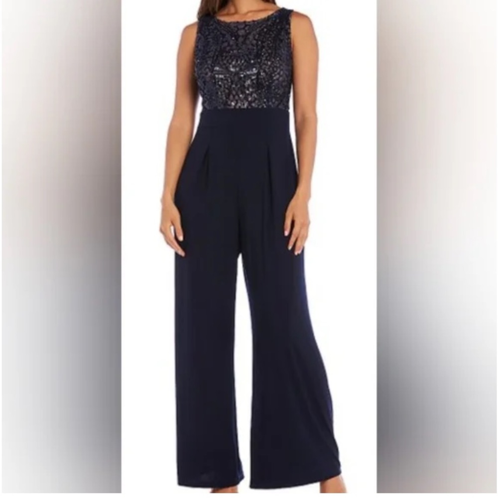 R&M RICHARDS 6 PETITE BLUE JERSEY SEQUIN TOP SLEEVELESS JUMPSUIT